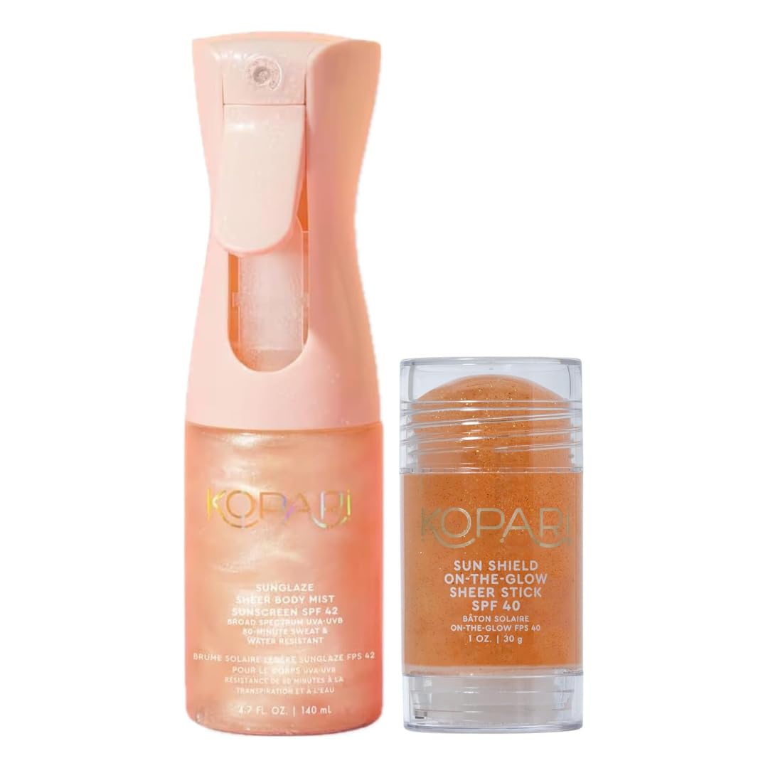 Kopari Rose Gold Sunglaze Sheer Body Mist Sunscreen SPF 42 & Sun Shield On-The-Glow Sheer Sunscreen Stick SPF 40