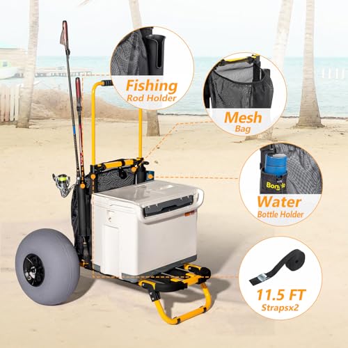 Bonnlo Beach Fishing Cart, Beach Wagon Trolley with 12" Big Balloon Wheels for Sand Foldable Beach Trailer with 23" x 15" Cargo Deck, Fishing Rods Holder, Water Bottle Holder, Mesh Bag, Hand Pump
