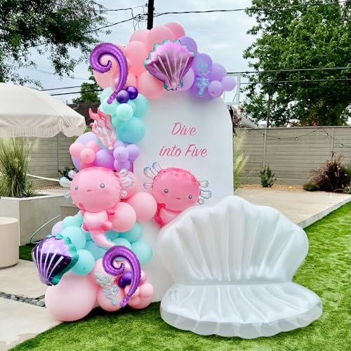 Image of 11Pcs Pink Axolotl Balloons,Seashell Coral Seaweed Balloon For Axolotl Birthday Party Decoration /Under the sea,Mermaid Party Decor,Axolotl Graduation,Pixel Game Axolotl Party Decor