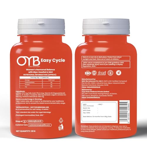 Image of OYB Easy Cycle Women's Hormonal Balance Supplement with Myo-Inositol & NAC | Supports Menstrual Cycle Regularity, PMS Comfort, Mood Balance & Metabolic Health | Vegan & Gluten-Free | 30 Tablets