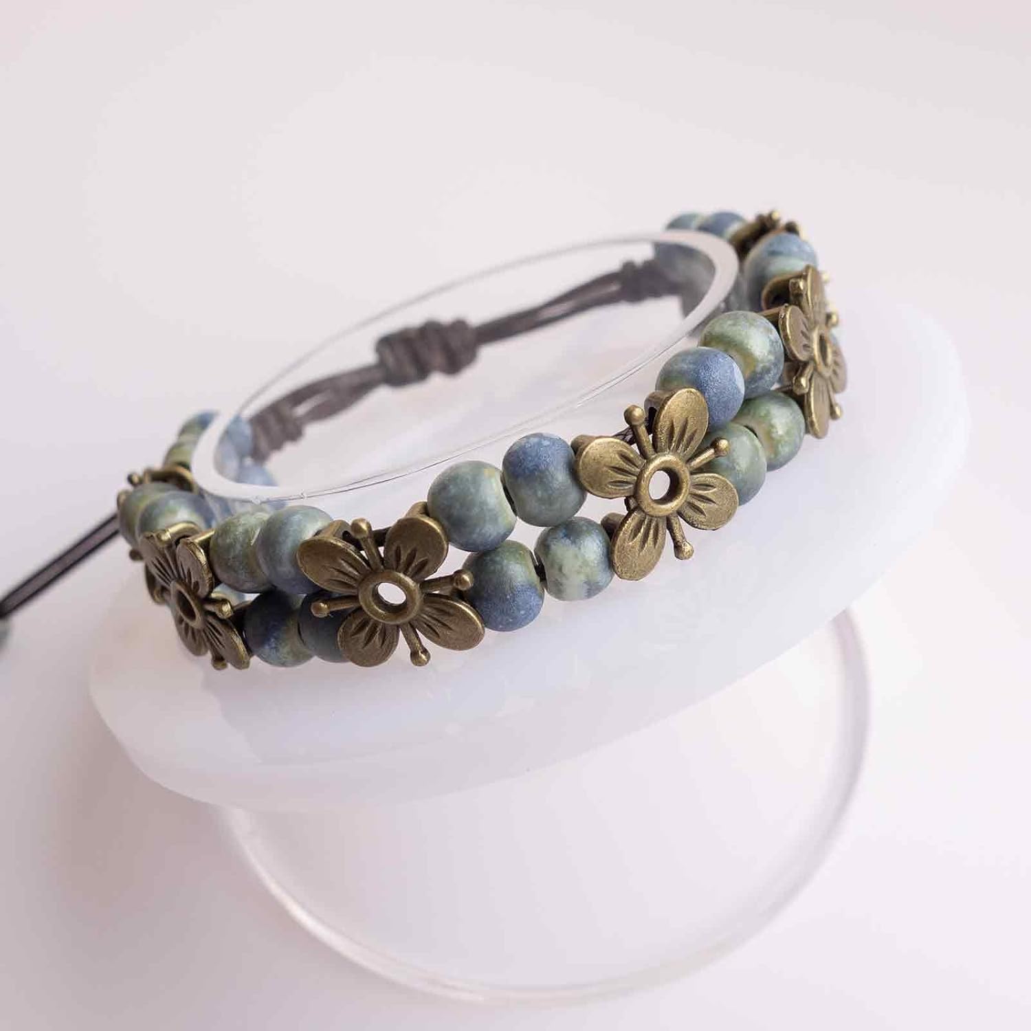 Handmade Multi Color Ceramic Beaded Bracelet with Copper Flower Design, Adjustable Boho Strand Bracelet for Women - Image 4