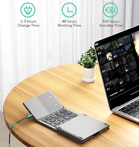 Slim Foldable Wireless Keyboard Compatible with Apple iPad mini 7th Generation 2024 Models Includes TOUCHPAD Mouse /48H Use/560 Days Standby/Portable/Compact/Tri-Fold/Rechargeable