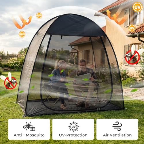 Image of Alvantor Pop Up Screen House Tent 7x4 FT, Snap-fit Black Mesh Screen Gazebo with Peaked Roof, Portable Screen Room Canopy Shelter with Sunshade & Sandbags for Camping, Backyard, Picnic