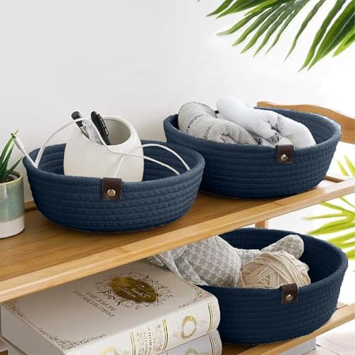 Image of Jute Basket For Storage Handcrafted Woven Basket For Home Decore, Multi Purpose Bag With Lids For Living Room Office And Kitchen Vegetable And Fruits (BLUE BOWL SET OF 3)