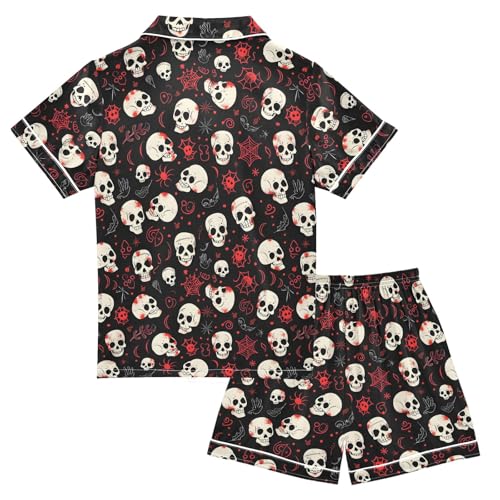 Cartoon Scary Skull Pattern Summer Satin Pajama Set, Cute Button-Down Sleepwear Pj Set for Sleep Wears2