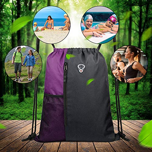 Image of BeeGreen Purple Drawstring Backpack Sports Gym Bag for Women Men Large Cinch Sack workout Bag with Zipper and Water Bottle Mesh Pockets, 16 x 20 inch