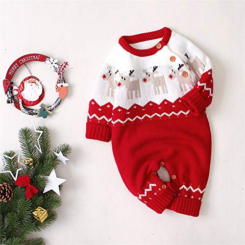 Odot Baby Sweater Romper Kerst Jumpsuits, Gebreide Baby Lange Mouw Kleding Rendier Patroon Outfit voor Pasgeboren Baby Jongen Meisje (80, Rood) - Afbeelding 3
