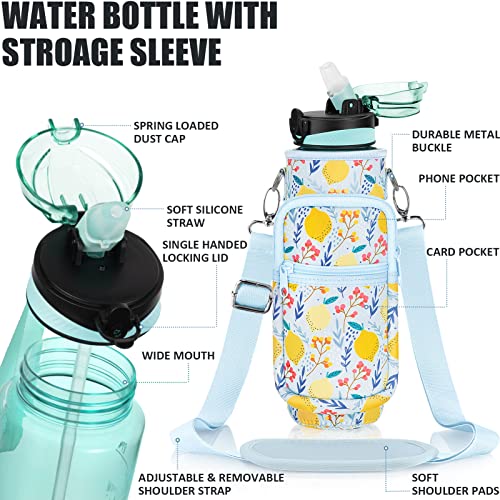 Fimibuke 32 Oz Water Bottle With Sleeve - Bpa Free Leakproof Sport Large 1L Plastic Motivational Water Bottle With Straw Strap Insulated Neoprene Holder Carrier Bag For Kid Women Men(A10.Lemon) #TOP3