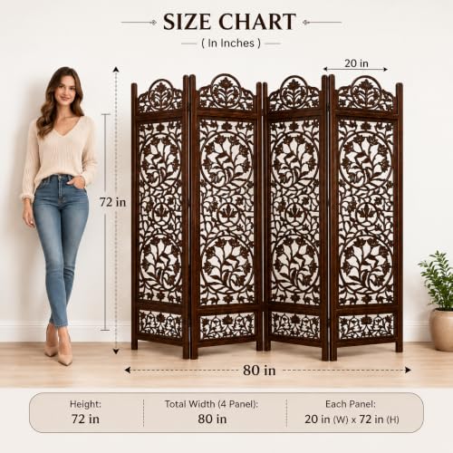 Image of Handcrafted Wooden Room Divider 4 Panel Foldable Privacy Screen, Carved Decorative Partition for Living Room, Bedroom, Office, Home Decor, Brown Finish, (72 x 80 Inch)