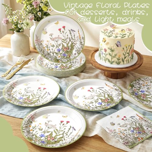 Image of Qinyoung 100 Pcs Floral Tea Party Plates and Napkins Sets Wildflower Party Supplies Floral Paper Plates and Napkins Disposable Spring Themed Baby Shower Tableware for Summer Wedding, Serve 50 Guests