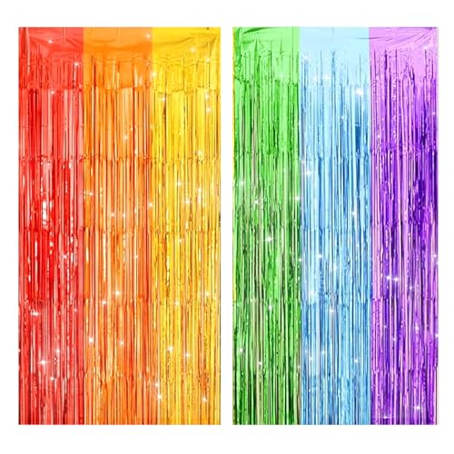 Image of Rainbow Foil Fringe Curtains 2-Piece Rainbow Party Decoration Glitter Hanging Streamers for Disco Carnival Events Metal Tassel Holiday Party Photo Booth 3.3x6.6 Feet