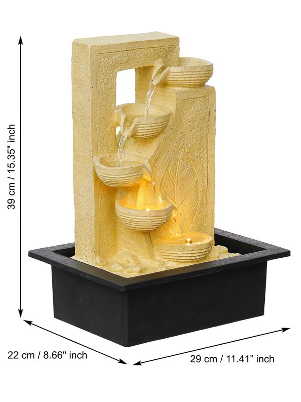 Image of Polyresin Table Top Stylish Leaf Print 4 Diya Steps Indoor Water Fountain for Home Decor with LED Light & Speed Controller Pump (Size: 40 x 29.5 x 22CM | Colour: Cream | Weight: 2250 gram)