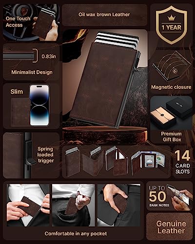 Image of typecase Mens Wallet Card Holder: Pop Up Aluminum Case, Genuine Leather, Smart, RFID Blocking, Slim, Minimalist, Front Pocket - 9-14 Card Capacity | ID Window | Cash Slot - Oil Wax Brown