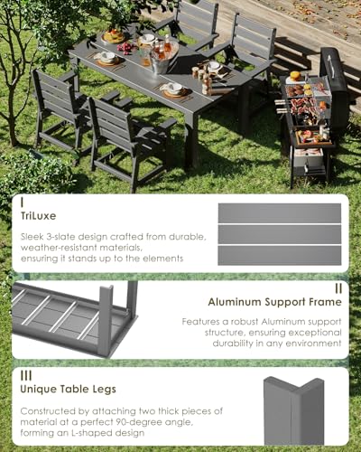 Image of GREENVINES Outdoor Dining Table | 67'' | HDPE | Rectangle Tables for 6 | All-Weather | Umbrella Hole | Patio Furniture | for Poolside Backyard Garden | Grey