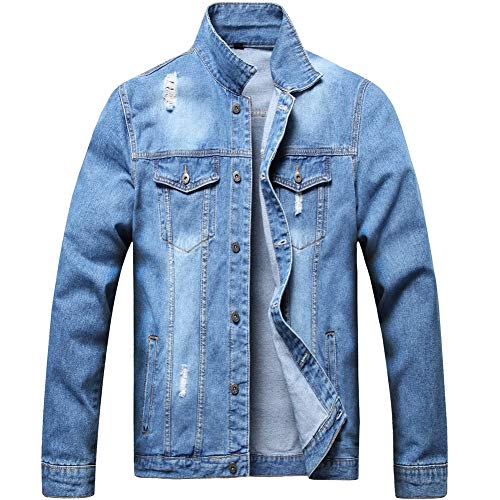 Image of LZLER Men's Denim Jackets Distressed Destroyed Classic Vintage Slim Fit Ripped Fashion Trendy Trucker Jean Jackets