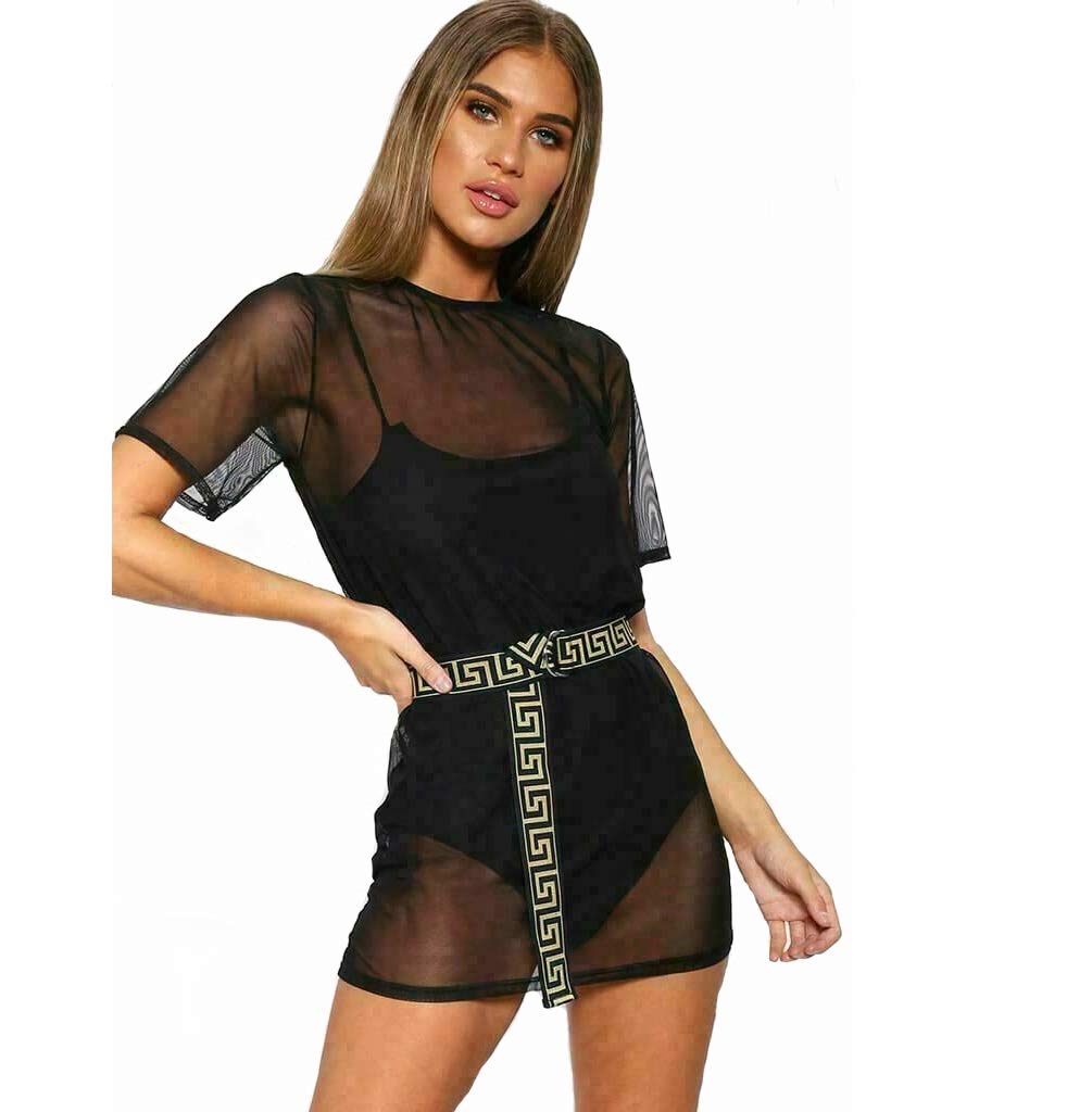 Love Celeb LookWomen Neon Green Short Sleeve Oversized Black Sheer Mesh T-Shirt Dress Baggy Top