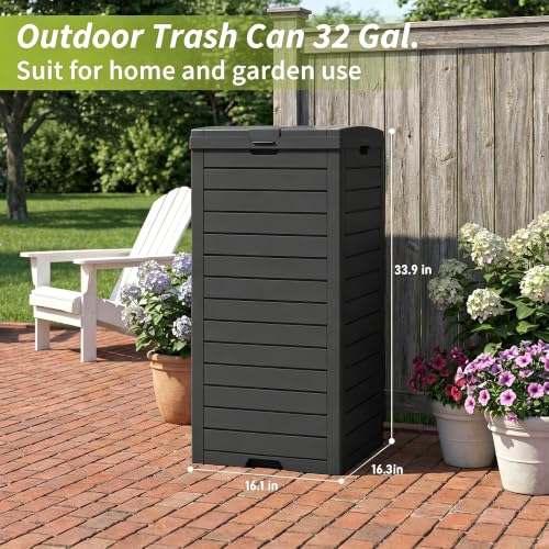 WTFGO Outdoor Trash Can with Lid, Waterproof Plastic Outdoor Garbage Can with Drip Tray,Large Trash Can Outside for Patio, Garage, Pool, Garden, Backyard & Deck, Black (32 Gallon) - image 7