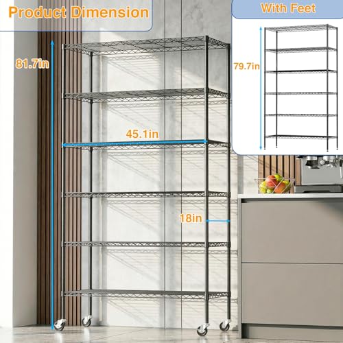 Image of BestOffice | 6-Tier Wire Shelf with Wheels | 18 inch x 45 inch x 82 inch | Black