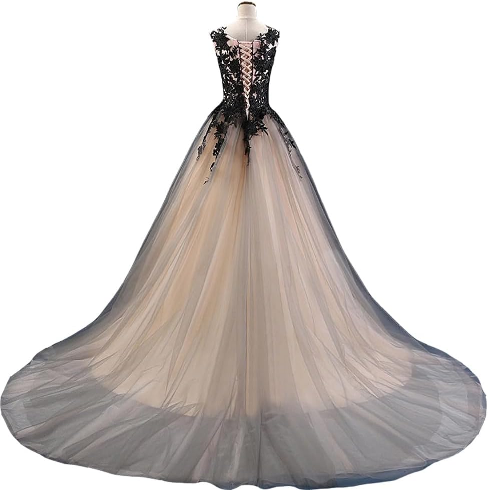 Gothic Long Black Lace Sheer Bateau Prom Wedding Dresses Gray Tulle Formal Ball Gown