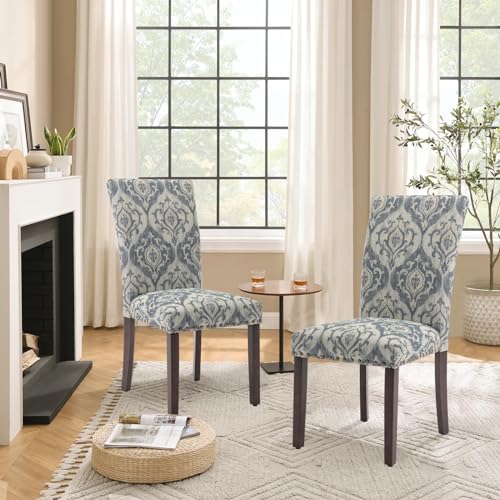 Image of Parsons Dining Chairs Set of 4, Upholstered Nailhead Dining Room Kitchen Side Chair with Thick Cushions and Wood Legs, White /Blue