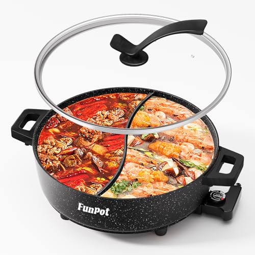 Large 6L Dual-sided Electric Hot Pot, 1350W 5-Min Boil, 5-Temp Adjust, Butterfly Heating Tube & Diamond Non-Stick Coating, Ergonomic Black Hollow Handles