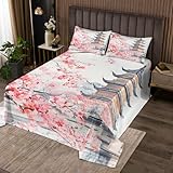 Homewish Japanische Kirschblüten Bedspread Fünfstöckiger Pagodenbau Tagesdecke 240x260cm Ästhetik Zartweiße Kirschblüten Steppdecke Japanischer Stil Romantik Paare Mädchen Tagesdecke Bettüberwurf