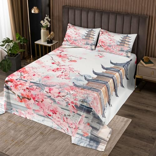 Homewish Japanische Kirschblüten Bedspread Fünfstöckiger Pagodenbau Tagesdecke 240x260cm Ästhetik Zartweiße Kirschblüten Steppdecke Japanischer Stil Romantik Paare Mädchen Tagesdecke Bettüberwurf