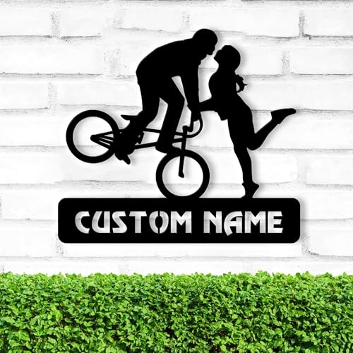 Image of Mountain Biking Classes Near Me Couple Stoppie Kiss Metal Wall Art With LED Light, Gift For Moutain Biking Lover, Wall Art Hanging Home Decor Birthday Xmas Gift