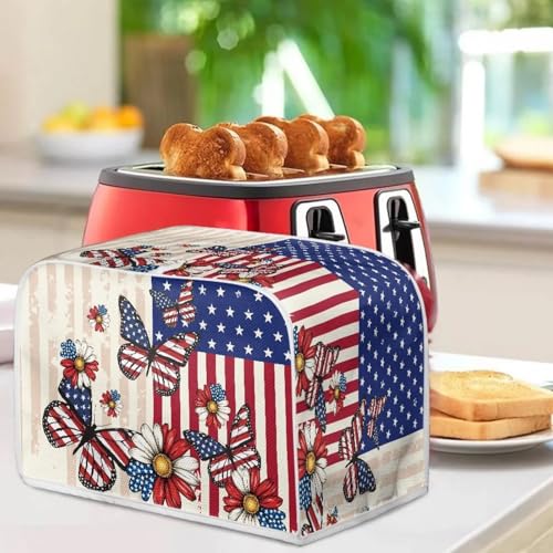 Image of Talayituse Butterfly Daisy American Flag Print Toaster Cover 4 Slice Wide Slot, 4th of July Lightweight Bread Maker Cover Dust Protection Washable Appliance Bag, M