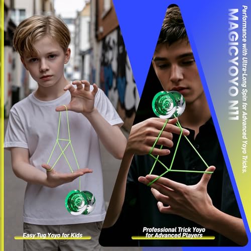 Image of MAGICYOYO N11 Professional Unresponsive Yoyo for Adults & Kids | Dual Purpose Alloy Trick YoYo Ball with Bag, Glove, 12 Yoyo Strings and Responsive Bearing Kit (Dark & Light Green Silver)