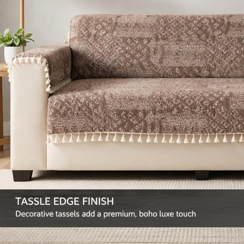 Image of STITCHNEST Artisoul Series Chenille Sofa Cover 1 Seater Fully Covered with 2 Hand Rest Covers | Premium Heavy Fabric, Washable & Fade Resistant | Beige Sofa Protector with Tassels | Size 24x60 Inch