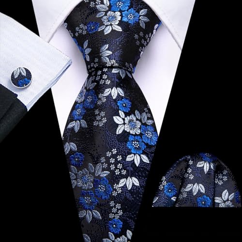 Image of Barry.Wang Flower Ties for Men Silk Woven Floral Tie Sets Necktie Handkerchief Cufflinks Wedding Party