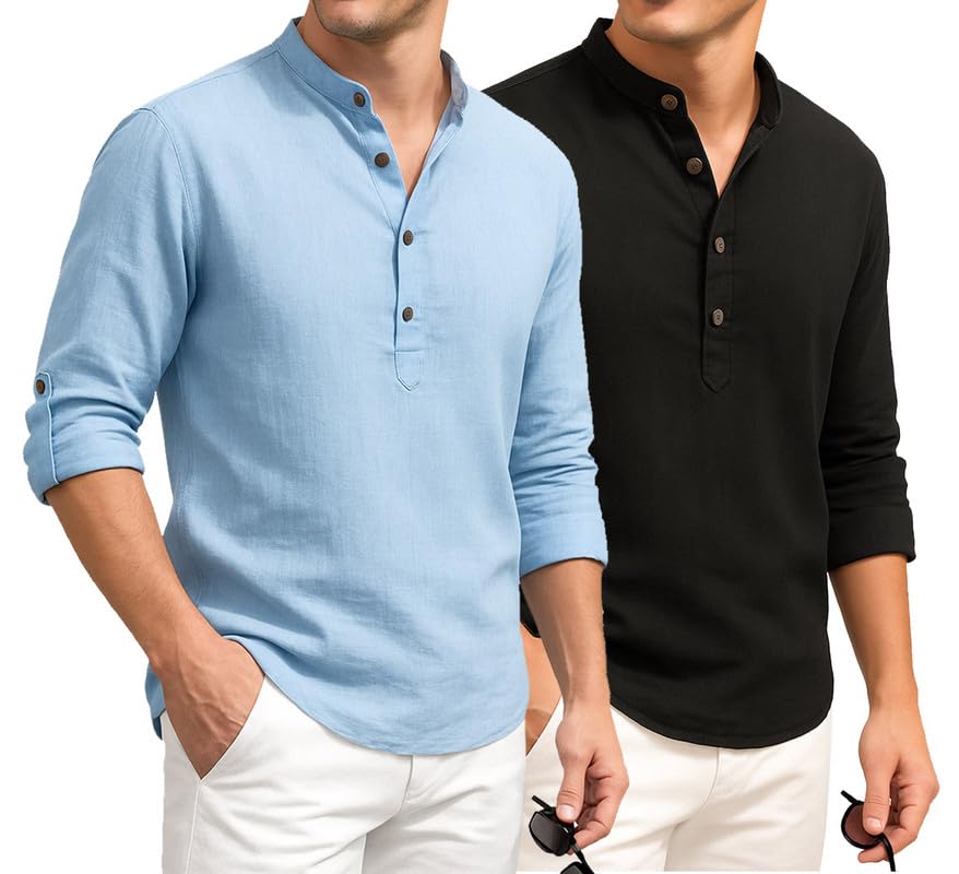 Image of DEELMO Combo of Men's Cotton Blend Solid Regular Fit Full Sleeve Short Kurta | Men's Trendy Short Kurta Pack of 2