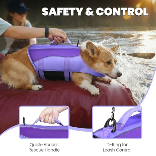 Image of VIVAGLORY Dog Life Vest Front Float Dog Swim Vest, XS, Purple | Life Jacket with Chin Float & Handle for Swimming & Boating, High Visibility Adjustable for Doggy Cat Puppy