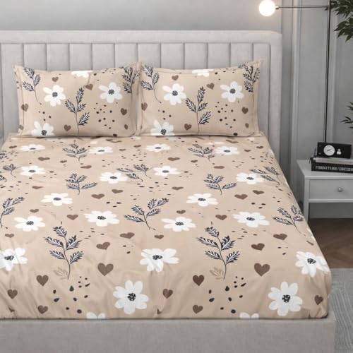 Image of Cotton Feel King Size Flat Bedsheet for Double Bed (90 x 100 Inches | 230 x 250 cm) with 2 Pillow Covers | Soft & Smooth Printed Bedsheet for Daily Use (CreamFlowers, King Bed-90x100)