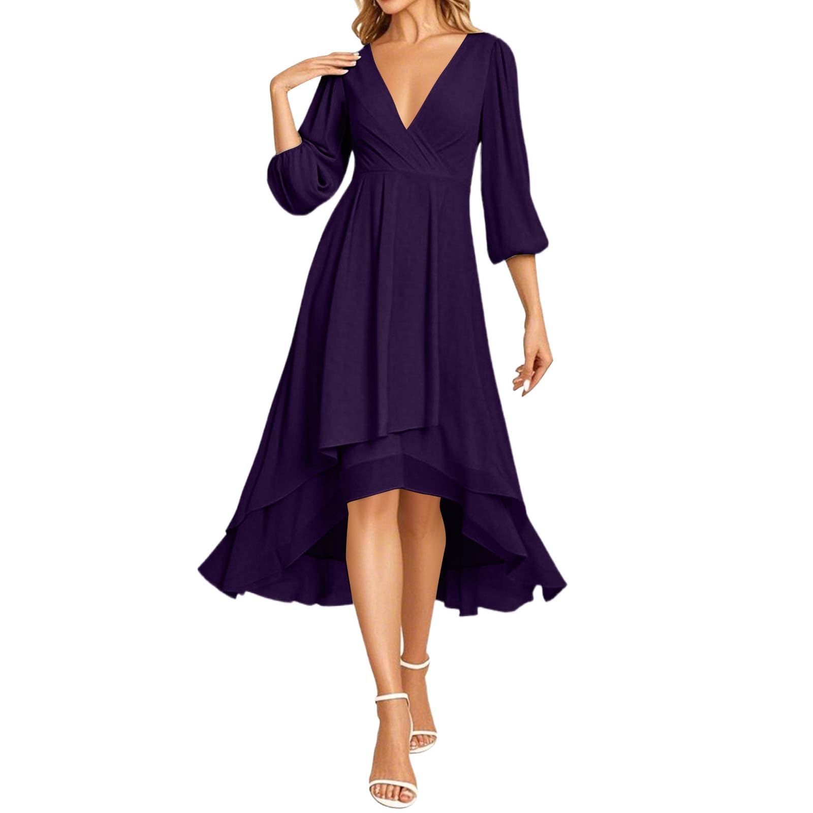 Chiffonkleid Damen Vorne Kurz Hinten Lang Kleid Hochzeitsgast Abendkleider Elegant Für Hochzeit A Linie Cocktailkleid Frauen Mit Ärmeln Wickelkleid V Ausschnitt Ballkleid Schwingen Partykleid