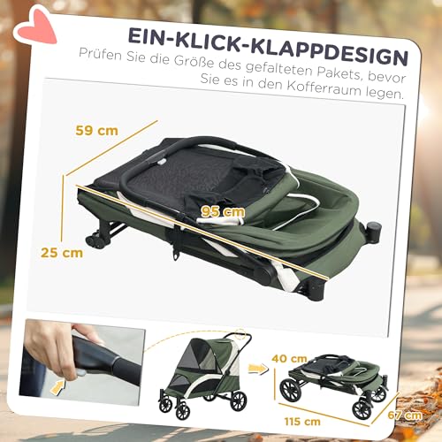 PawHut Hundewagen Hundebuggy klappbar für große Hunde & Katzen bis 30 kg Katzenbuggy mit Kissen Netzfenstern Türen Aufbewahrungstasche Katzenwagen Buggy Dunkelgrün