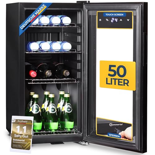 Sommertal Kühlschrank mit Glastür GK50– Leiser Getränkekühlschrank mit LED, Touchscreen & Schloss kleiner Flaschenkühlschrank schwarz 50L