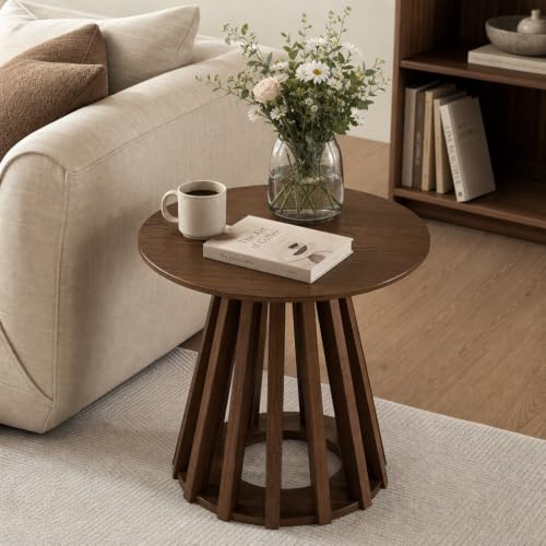 Image of HNY Round Fluted End Table, 19.7 inch Modern Black Side Table, Mid Century Wood Circle Bedside Tables Drink Table Nightstand for Bedroom, Living Room, Small Space, Walnut