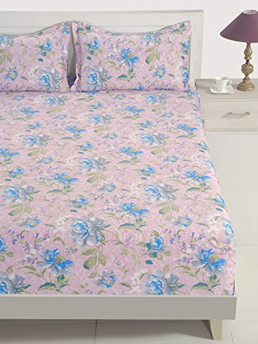 Image of Swayam Roto Cotton King Bedsheet with 2 Pillow Covers | Size 108 x 108 inch | 144 TC | Floral Design | Soft Breathable Bed Sheet | Comfortable & Durable for Bedroom - Pink