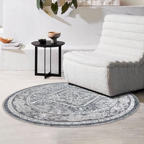 KUTA Oriental Round Rug 3ft, Grey Washable Boho Circle Indoor Area Rugs, Non-Slip Vintage Medallion Foyer Carpet for Entryway Farmhouse Kitchen Dining Room Table