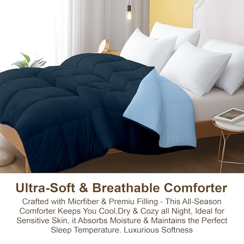 Image of Bed Comforter - Double Size - Navy Blue & Light Blue - 300 GSM Quilt Blanket Rajai - Winter Warm Down Alternative Duvet Insert with Corner Ties
