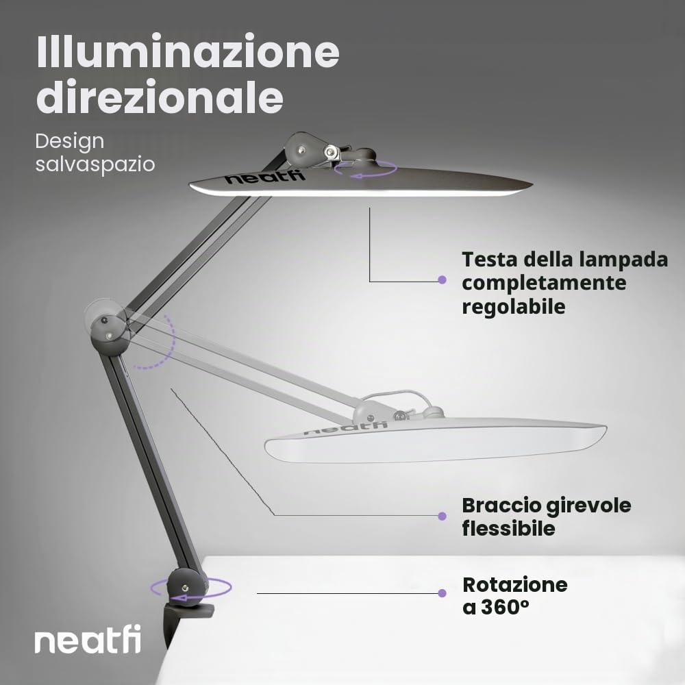Neatfi XL Lampada da Scrivania LED 2200 Lumen 24W con Morsetto – Illuminazione Senza Ombre | 4 Livelli di Intensità | Ufficio Domestico e Hobby | Testa Larga 50 cm (Argento, Non-CCT con morsetto)
