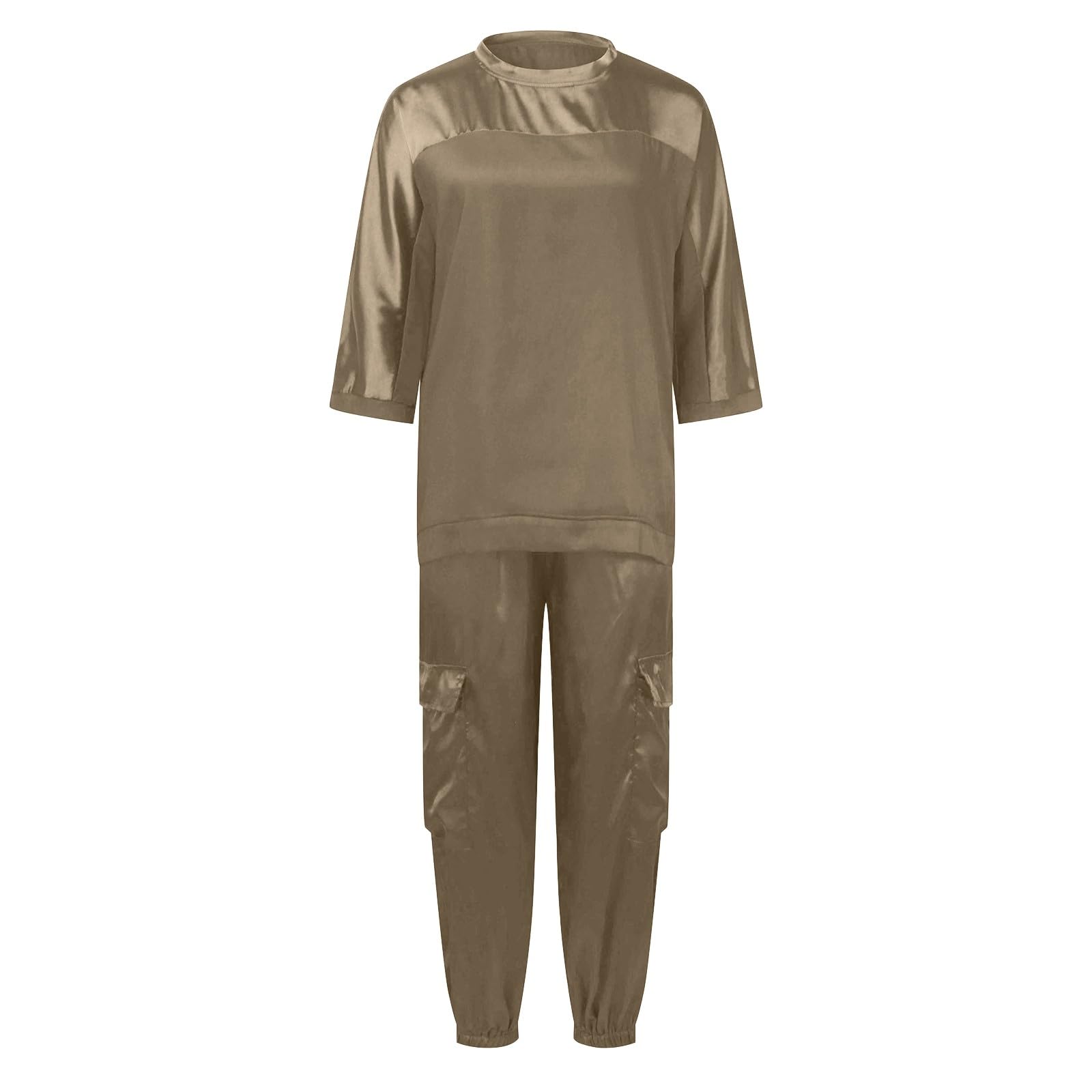 Ensemble Haut et Pantalon en Satin Lisse pour Femme, Tenue décontractée en Satin 2 pièces, Jogging à Manches Courtes, Ensemble Femme Chic et Elegant, Ensemble Jogging Femme