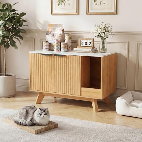 Image of Cat Litter Box Enclosure with Litter Collector,Fluted Hidden Litter Box Furniture with Scratch Pad,31 inch Wooden Cat Cabinet,Cat House,TV Stand,Side Table for Living Room,Natural with Marble Tabletop
