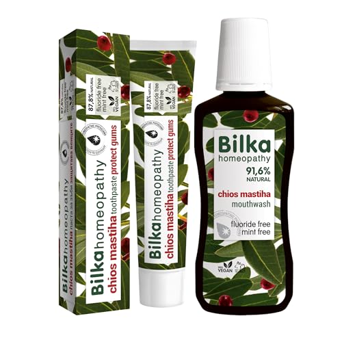 Bilka Homeopathy Chios Mastiha Set - Zahncreme 75ml + Mundspülung 250ml, Natürlicher Zahnfleischschutz mit Plaque Reduzierende Wirkung, Fluoridfrei, Mentholfrei, für täglichen Zahnpflege