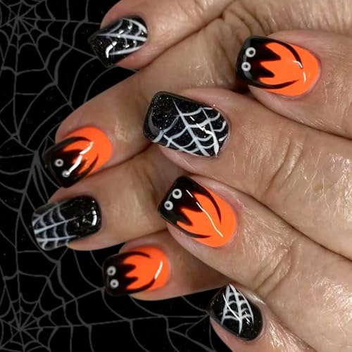 ハロウィーンの人工的なヒントブラックコブウェブパウダーデザインショートスクエアプレスのヒント24ピースイージーアプリケーションフレンチマニキュアプレスオンネイル