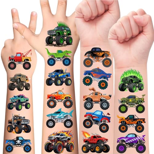 128PCS Monster Truck Temporary Tattoos Stickers For Kids - Pre-cut Race Car Tattoos Monster Truck Birthday Party Favors Party Decorations Supplier Gift Idea Rewards Prizes For Kids Teen Adult