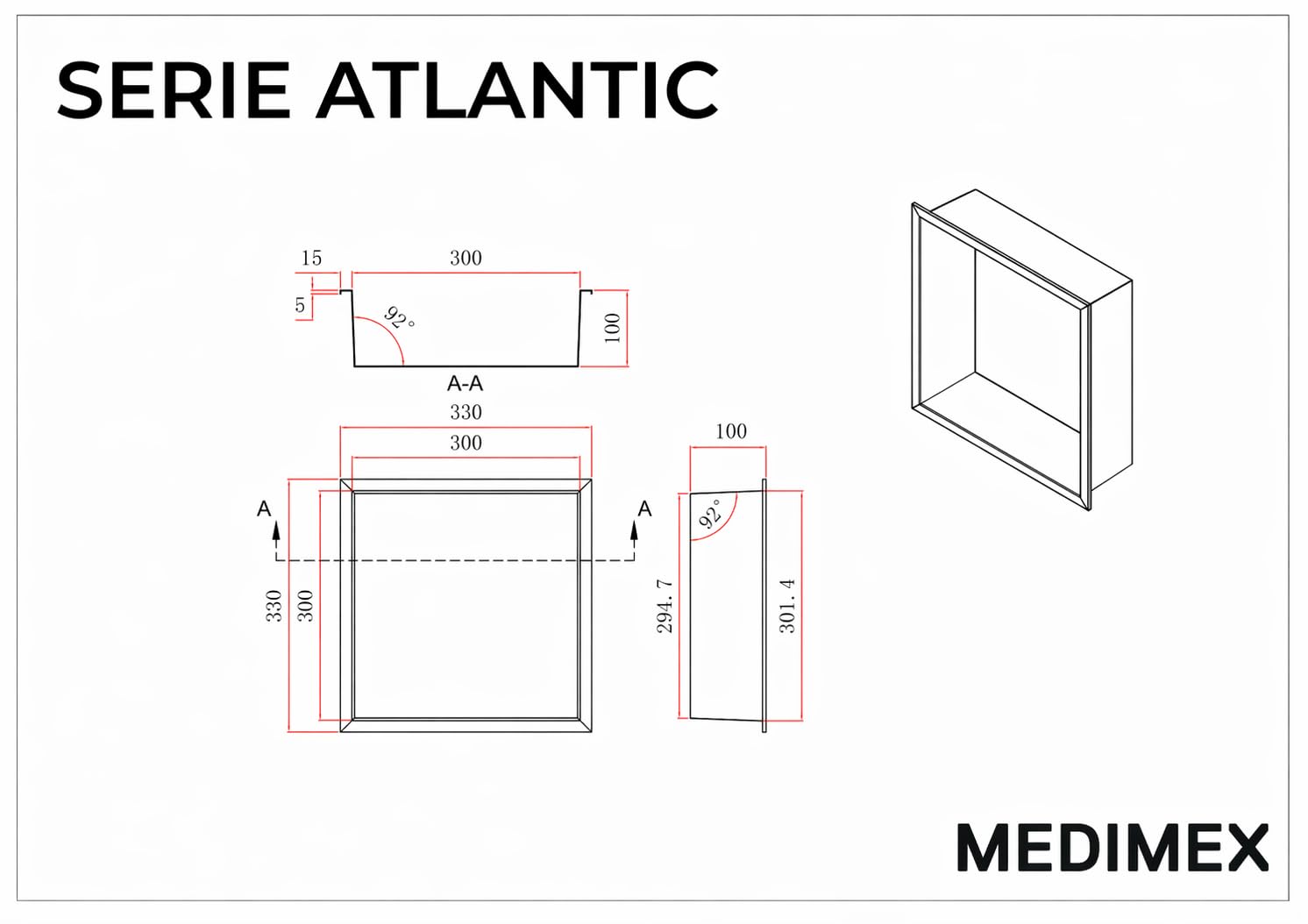 MEDIMEX - Hornacina Ducha Empotrable Atlantic HOR001 Nicho Baño Acero Inoxidable 304 | Cuadrada 33x33 cm Profundidad 10 cm, Estante Organizador Reforma Pared | 6 Acabados Premium (Blanco Mate)