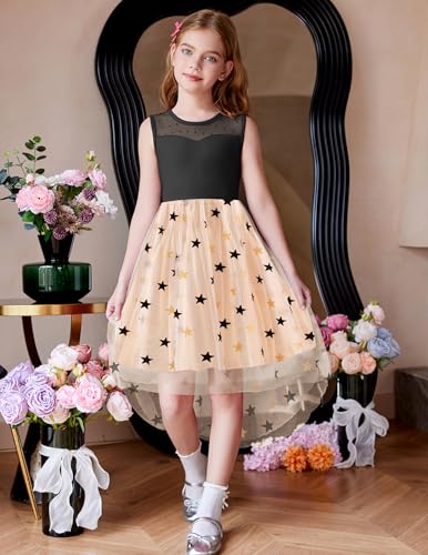 Image of Arshiner Girls Dresses Formal Party Wedding Tulle Sleeveless Contrast Mesh High Low Dress with Belt